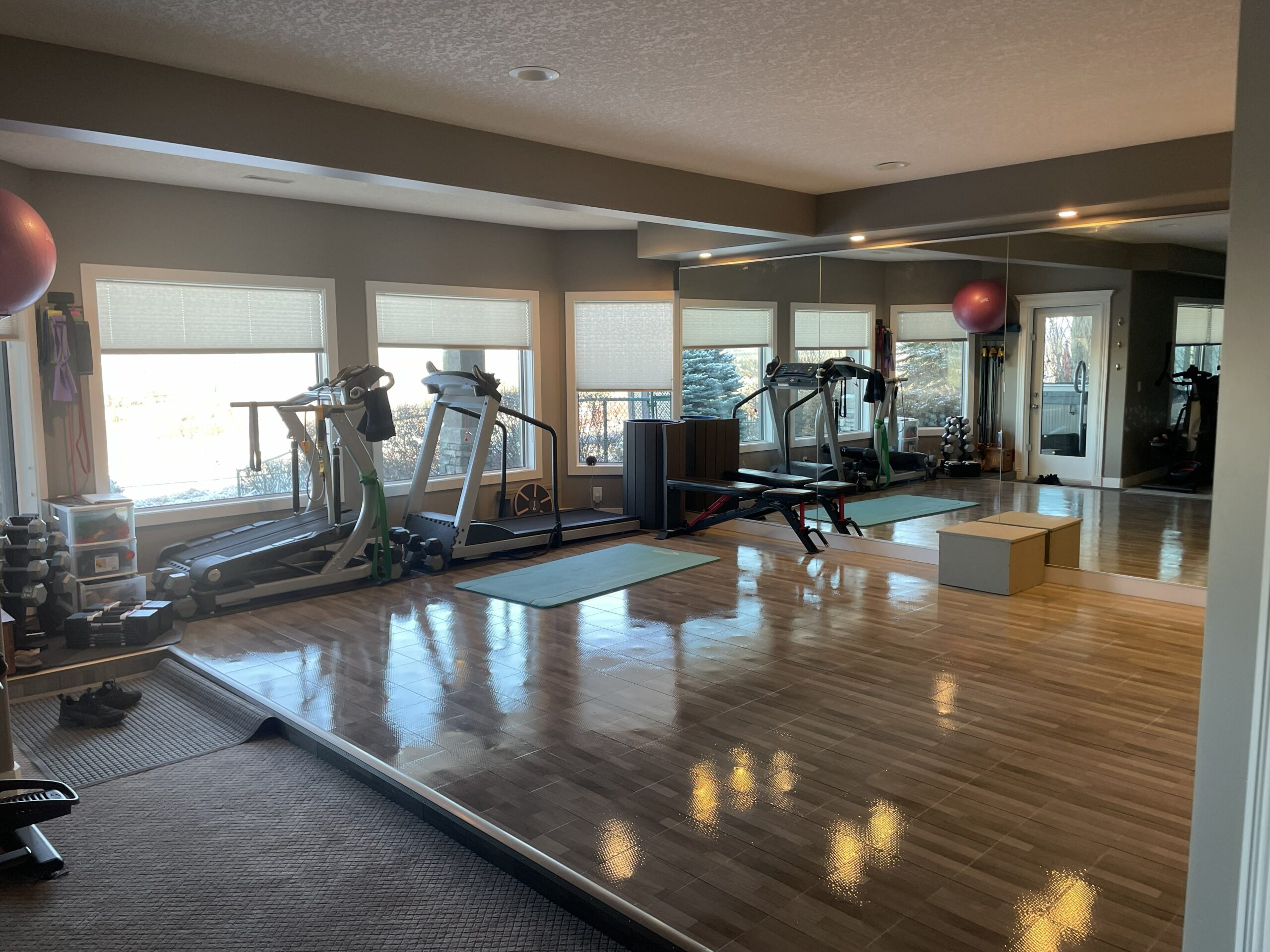 Finished Mt Douglas Cir SE Calgary basement renovation with professional dance and gym floor and mirrored wall